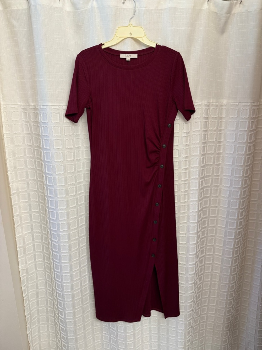 LOFT Wine Ribbed Side-Button Midi Dress